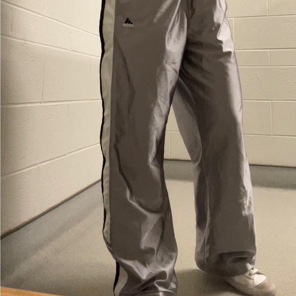 90s Vintage Adidas Baggy Silver Black & White Lined Tear Away Pants - Picture 3 of 7